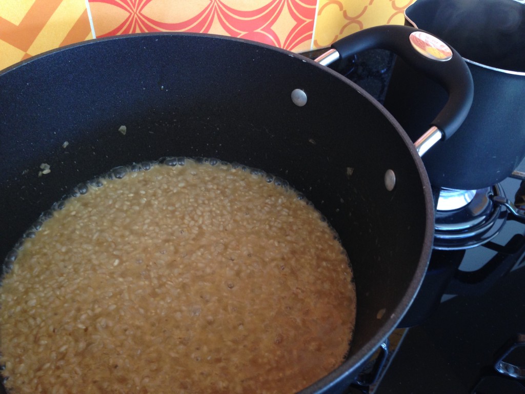 Iniciando o risoto de arroz cateto: pouca água e muita agitação